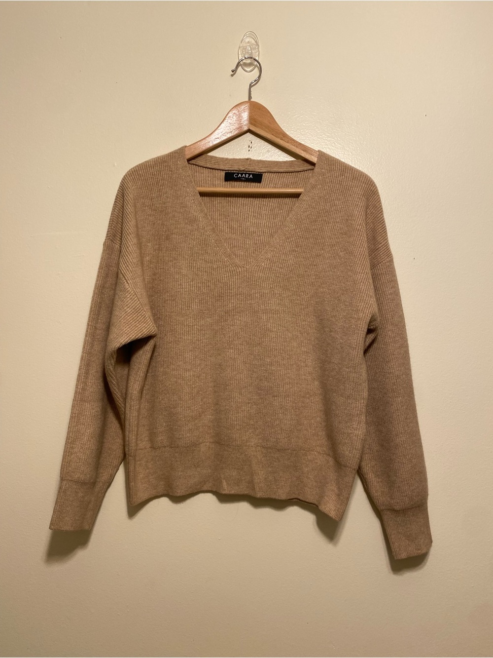 CAARA Tan V-Neck Knit Sweater. Size m